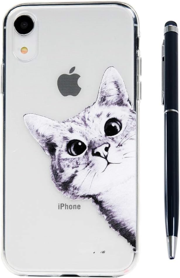 Phone Case for iPhone XR,Soft TPU Silicone Shock Absorption Slim Fit Anti-Scratch Protective Back Cover Shell with One Touch Pen Cat
