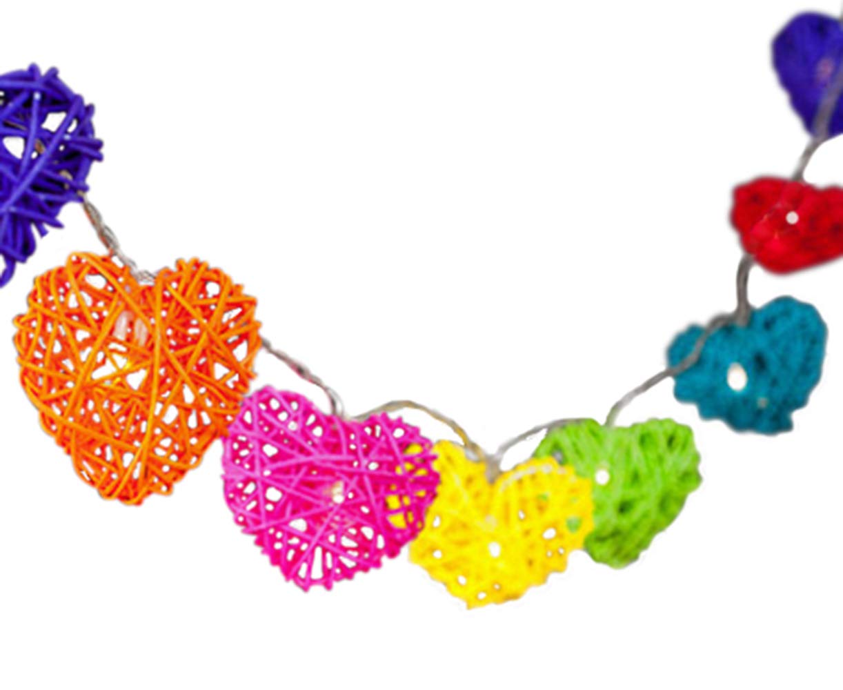 Blaze On Wicker Heart Fairy Lights (Rainbow Colours) – 20 Warm White LED Lights – Hand-Woven Wicker Hearts Made from Natural Rattan – USB Powered with UK 3-Pin Adapter – Indoor String Lights