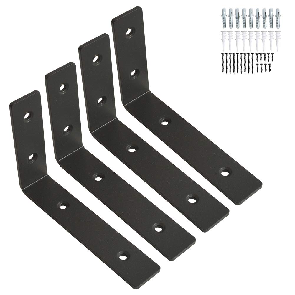 6 Inch Shelf Brackets, Wall Shelf Bracket L Shape 4 Pcs,Industrial Shelf Angle Braces Brackets for Rustic Shelf, Scaffold Board,with Matching Screw and Anchors- Black — image 1