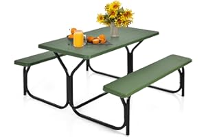 MEDIMALL Picnic Table, Portable Picnic Tables with Benches, Plastics Picnic Table Bench Set with Metal Frame & All Weather Tabletop, Large Camping Picnic Table for Outdoors, Backyard, Garden (Green)