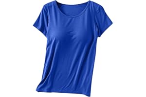 YMADREIG Womens T Shirts with Built in Bras Padded Short Sleeve Tops Crew Neck Wireless Shelf Bra Shirts Casual Workout Tops