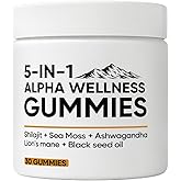 5 in 1 Alpha Wellness Gummies, Shilajit Gummies for Men, with Shilajit | Ashwagandha | Sea Moss | Lion's Mane | Black Seed Oil, 85+ Trace Minerals, No Added Sugar 30 Gummies