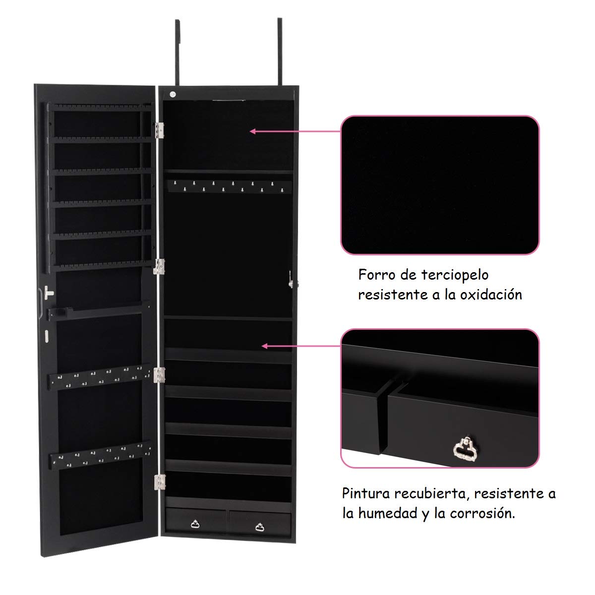 COSTWAY LED Espejo Joyas Armario Organizador De Puerta Pared Con Llave