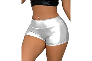 VENDAU High Waisted Metallic Shorts for Women - Shiny Silver Party Shorts, Stretchy Rave Bottoms for Dance Festival