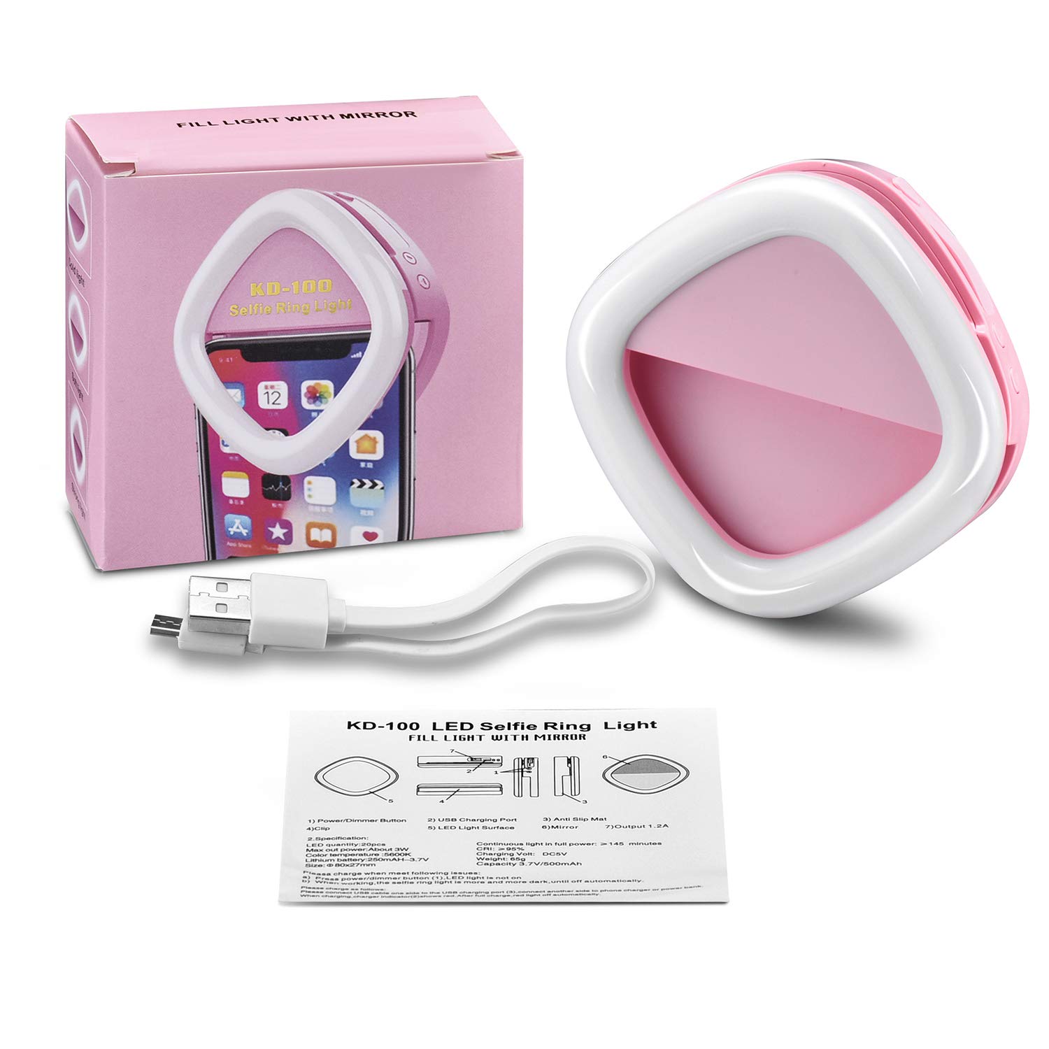 Selfie Ring Light, Solarxia Rechargeable Selfie Lights with Makeup Mirror[52 LED Bulbs][3-Light Mode][9-Level Brightness] for iPhone iPad  MacBook Laptop Android Camera (Pink)