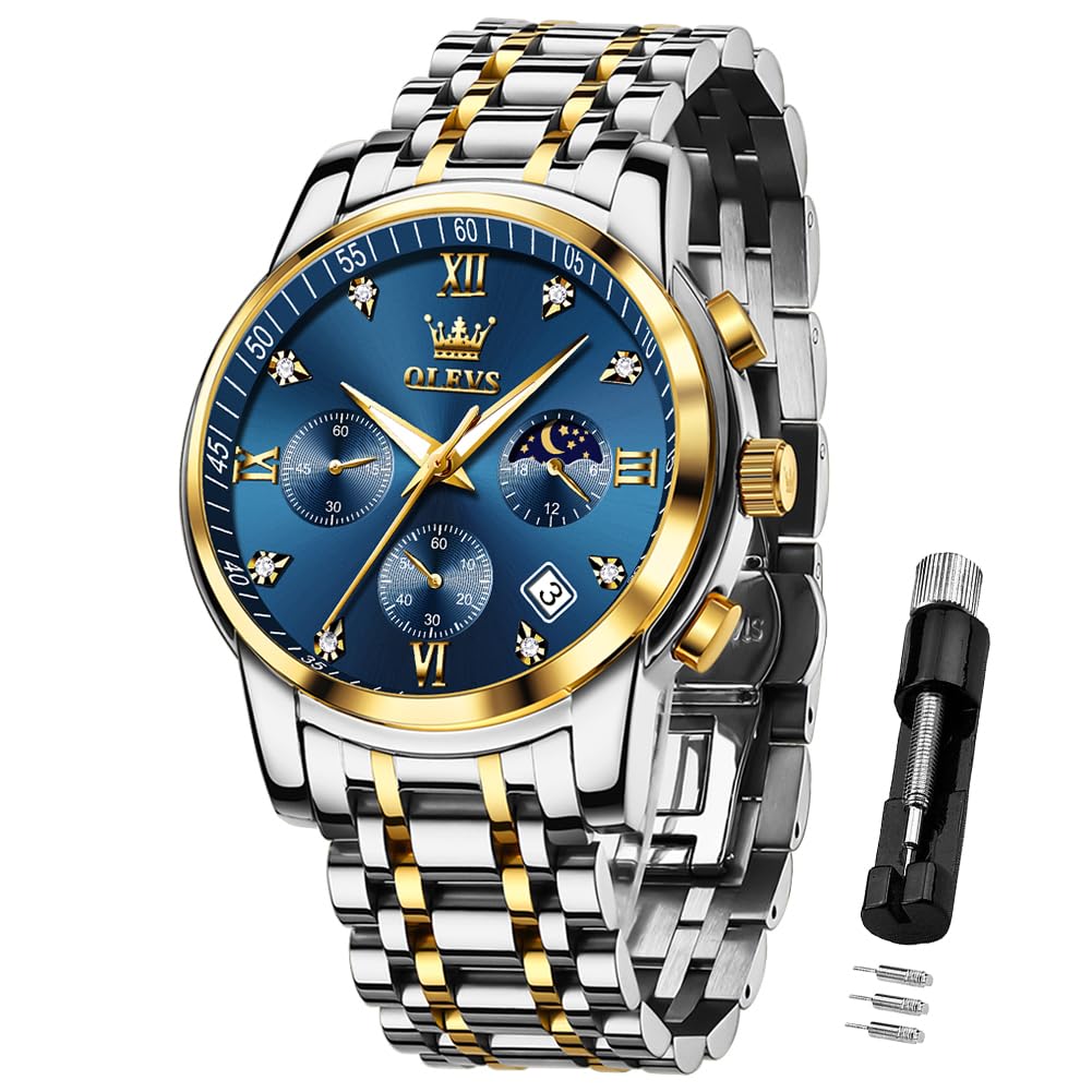 OLEVS Herrenuhren Blau Edelstahlarmband Quarz Uhr Männer mit Diamant Datum Wasserdicht Leuchtende Klassische Elegantes Armbanduhr Geschenk