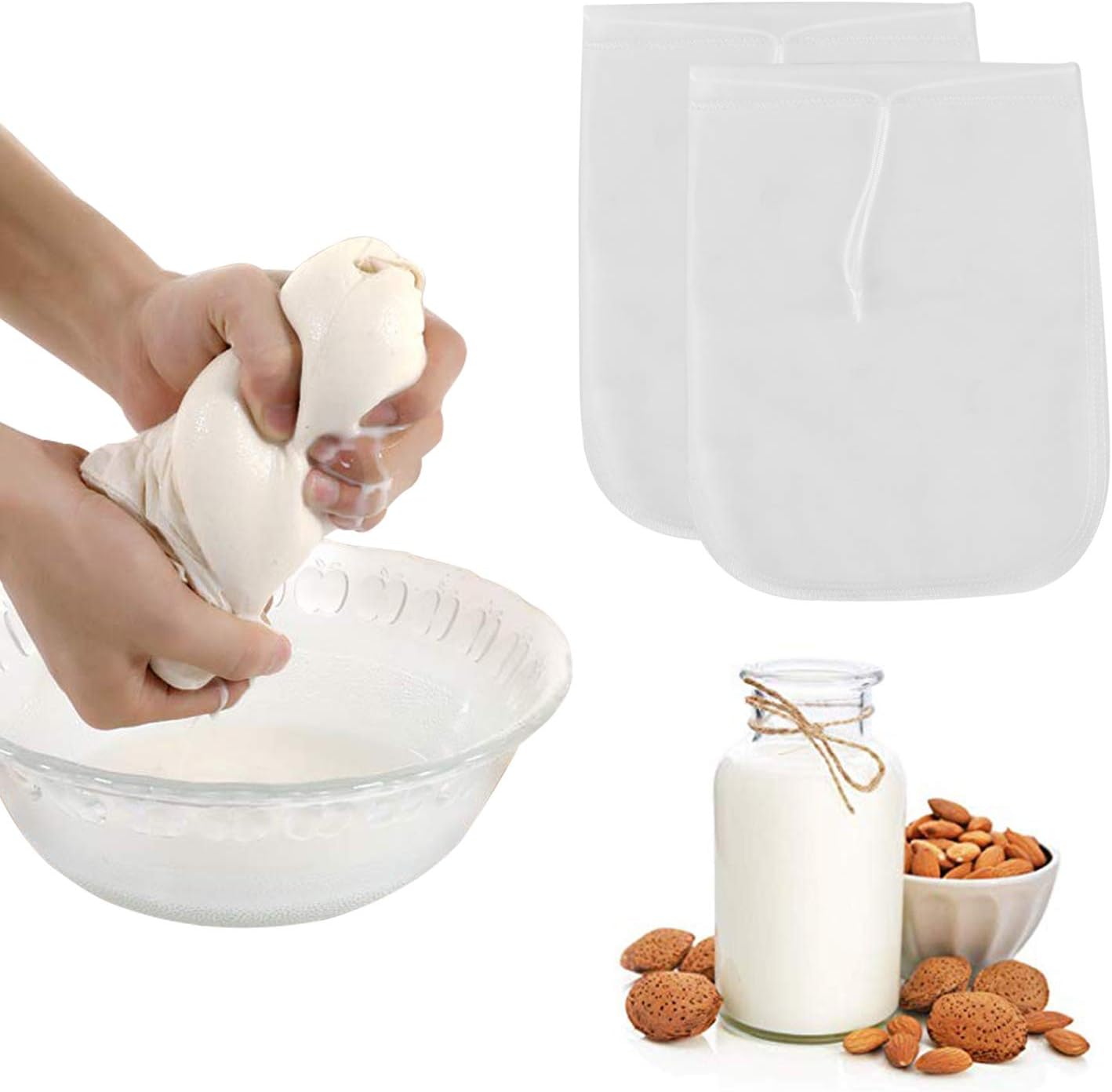 2 Pack Nut Milk Bag-Reusable Multipurpose Food Strainer,Food Grade Fine Nylon Mesh Filter Bag for Cold Brew Coffee,Tea,Juice,Almond/Soy Milk,Greek Yogurt(9"X12")
