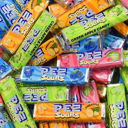 Bulk Sour Pez Candies Refill Bags, Pineapple, Green Apple, Blue Raspberry, and Watermelon Hard