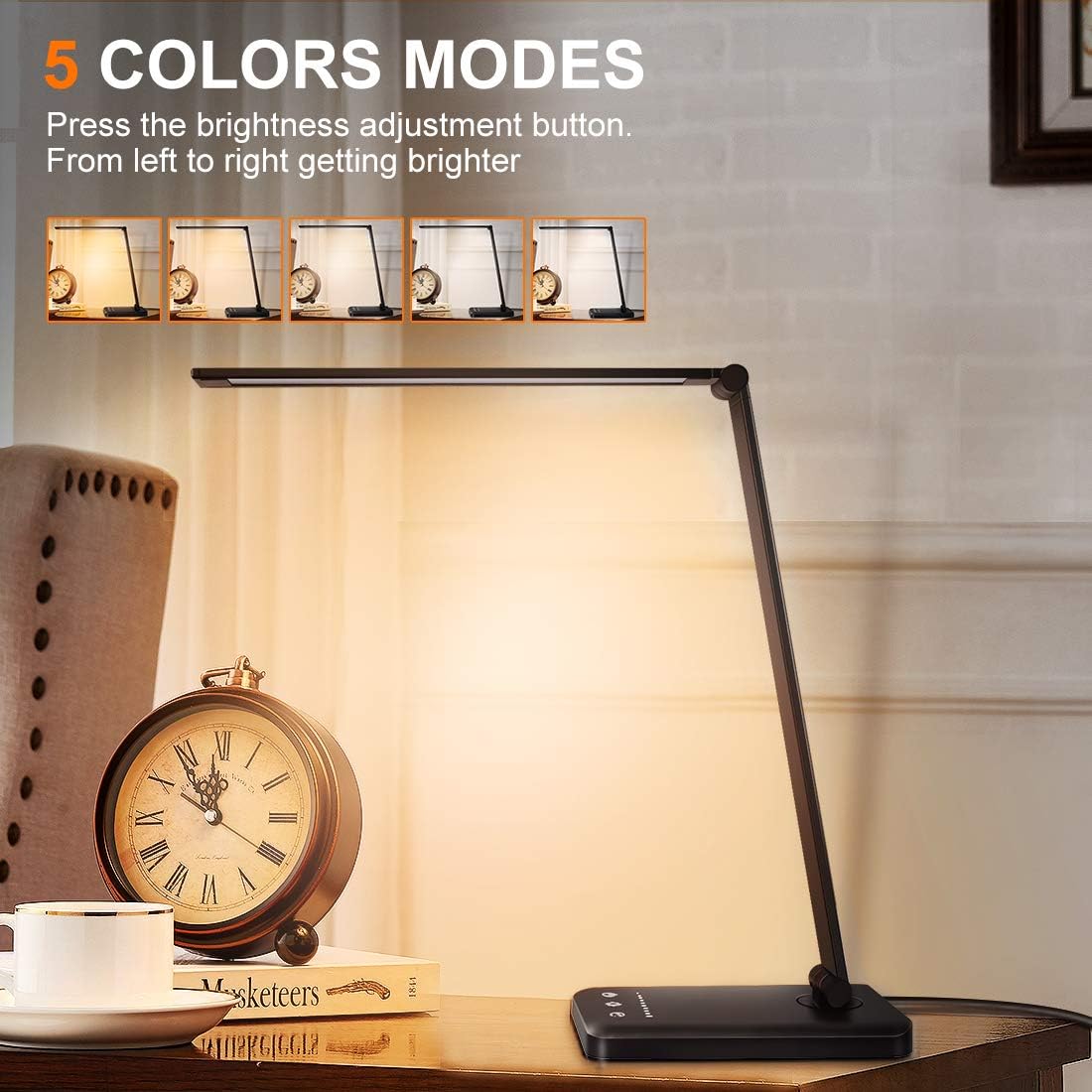LED Desk Lamp Table Lamp Reading Lamp with USB Charging Port 5 Lighting Modes 5 Brightness Levels, Sensitive Control, 30/60 min Auto Timer, Eye-Caring Office Lamp,Folding LED Desk Lamp: Home Improvement