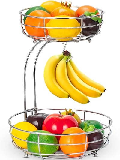 Mutool 2-Tier Fruit Basket with Banana Hanger Detachable Countertop Silver