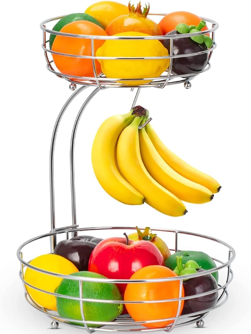 Mutool 2-Tier Fruit Basket with Banana Hanger Detachable Countertop Silver