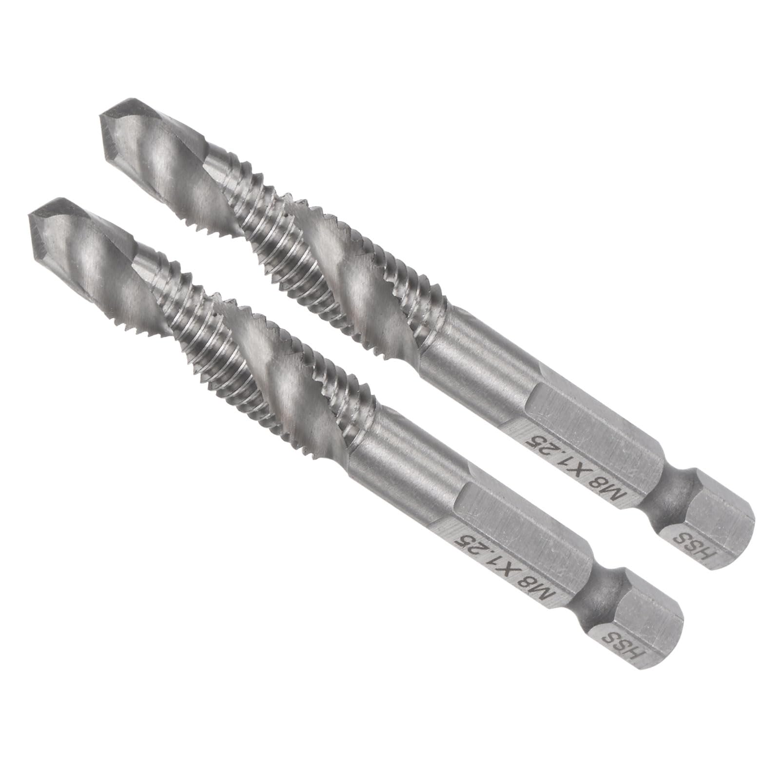 CoCud Combination Drill Tap Bit, M8 x 1.25 Thread Size 1/4" Shank, 4341 Uncoated High Speed Steel Long Tools - (Applications: for Aluminum Stainless Steel Plastic Long), 2-Pieces