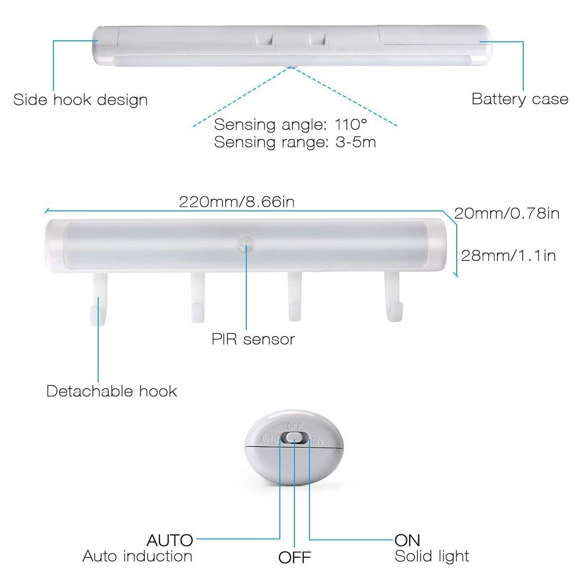 Battery Operated LED Lights, Uhomely 12 LEDs Auto on off Motion Sensor Intelligent Lighting Human Sensor Light for Wall Closet Cabinet, Stairs, Drawer, Wardrobe ect. 2 in 1 light with Hooks Adhesive -- Pure White, Pack of 2