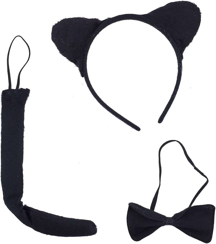 LUX ACCESSORIES Halloween Cat Kitty Costume Black Silver Furry Ears Bow Tie Tail