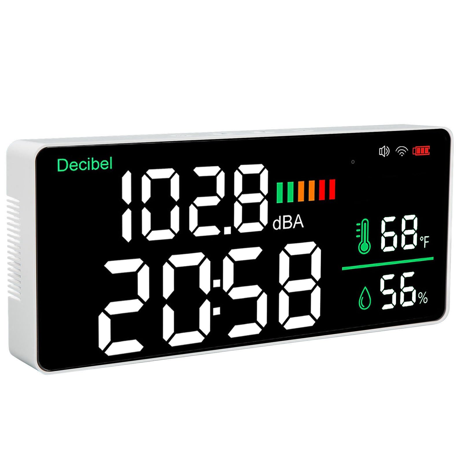 4 in 1 Decibel Meter, Wall Mounted Sound Level Meter with Digital Clock, Humidity & Temperature, 11 Inch LED Display Classroom Noise Meter for Home, Studio, Factory, Classroom