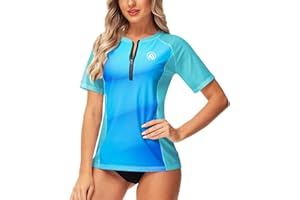 AOBUTE Women Zip Rash Guard UPF 50+ Gradient Short Sleeve Swim Top Surf Shirts
