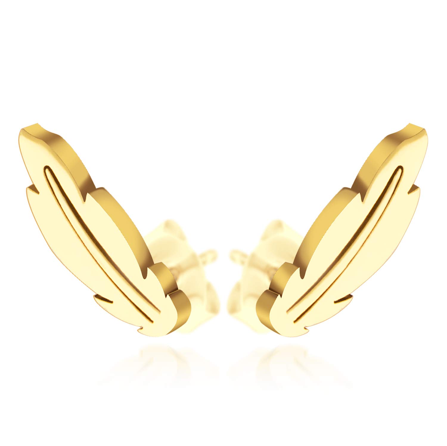 555Jewelry Stainless Steel Cute Small Tiny Feather Stud Earrings for Women & Girls gold