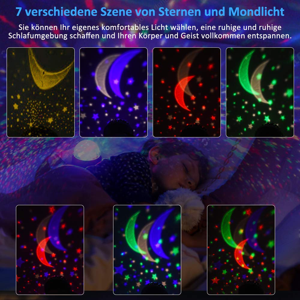 Esonstyle Wiederaufladbare 360 Grad Drehende Nachtlicht Projektor Baby Musical Mond und Himmel Licht mit 12Licht Musik für Baby Zimmer, Schlafzimmer, Kinderzimmer, Halloween, Weihnachten(Rosa)