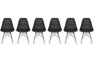 Set of 6 New 17 inch SeatDepth Eiffel Style Side Chair with Natural Wood Legs Shell Top Side Chairs (Black)