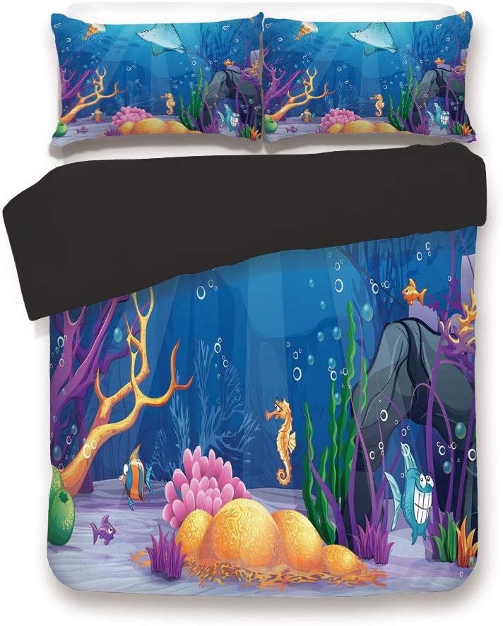 Black 3pc Bedding Set,Sealife Navy Fish Moss Shells Bubbles Stones and Sunbeams Rays Cartoon Print Twin Size Duvet Cover Set,Printed Comforter Cover with 2 Pillowcases for Teens Boys Man