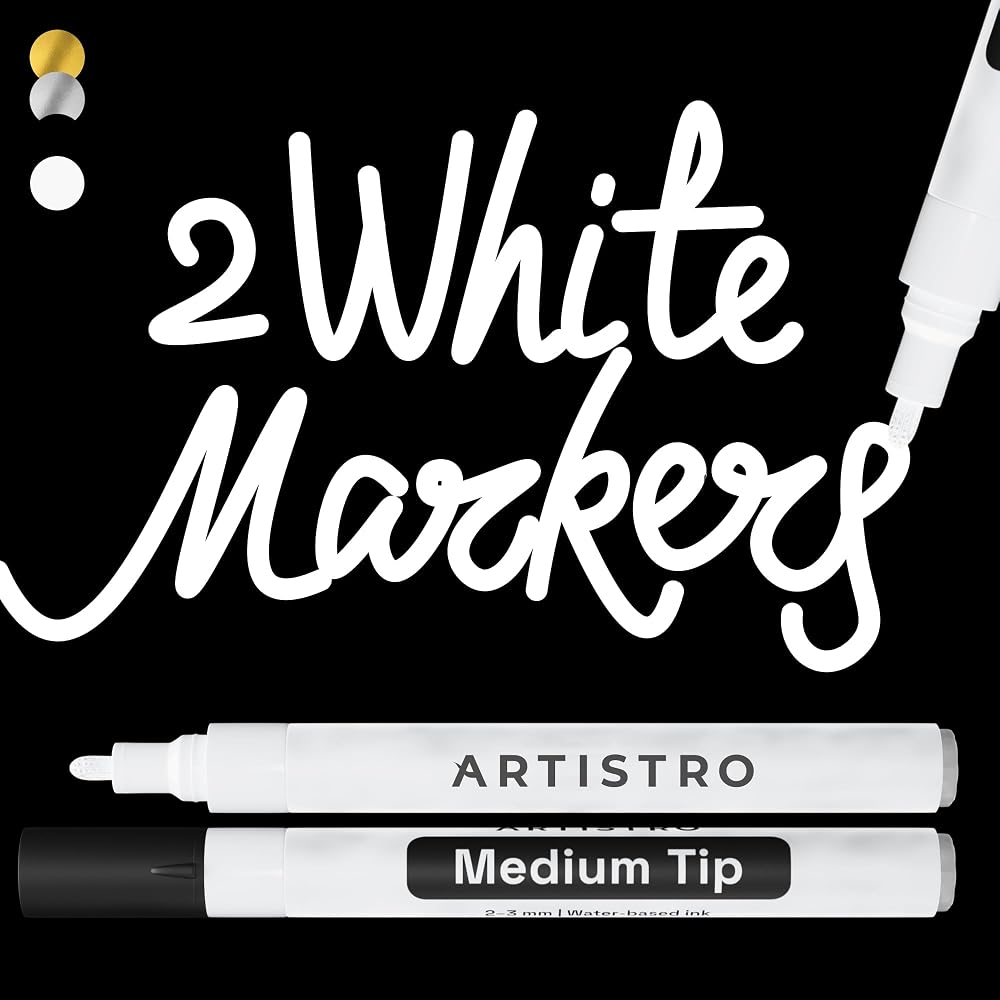 ARTISTRO 2 White Acrylic Paint Pens 3mm Medium Tip for Rock Craft Ceramic Wood