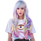 Rugelyss Rainbow Colorful Wigs for Women 26 Inches Long Wavy Fashion Synthetic Full Head Hair Wig with Bangs for Cosplay or Party