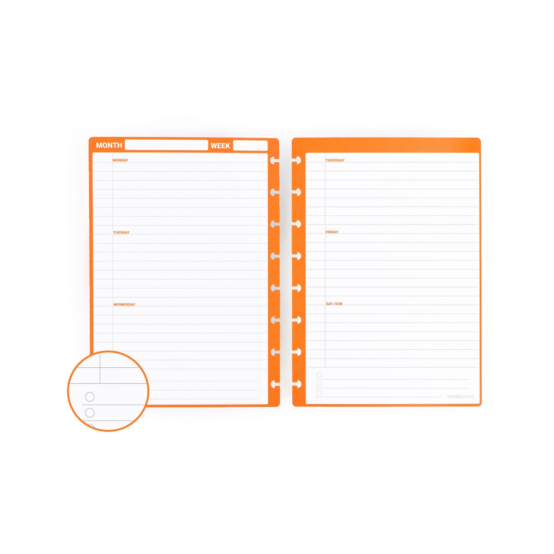 MODUBOOQ - 32 orange weekly reusable discbound duratech3 pages - inserts with week planners for smart notebook - A5 32 páginas naranjas semanales reutilizables encuadernadas en disco - A5