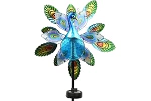 OUISJYER Solar Peacock Wind Spinner for Outdoor, 47" H Metal Spinner Glass Peacock Decor with Solar Light Waterproof Kinetic Wind Sculptures for Garden Patio Lawn(Peacock)