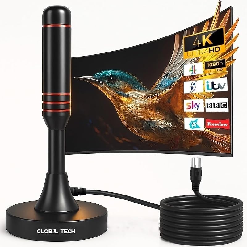 GLOBAL TECH Indoor TV Aerial High Gain Freeview HD 4K 9.8ft Cable Magnetic Base