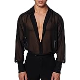 COOLOYA Men's Mesh Sheer See Through Long Sleeve Rave Disco Outfit Collar Button Front Party Shirt Tops