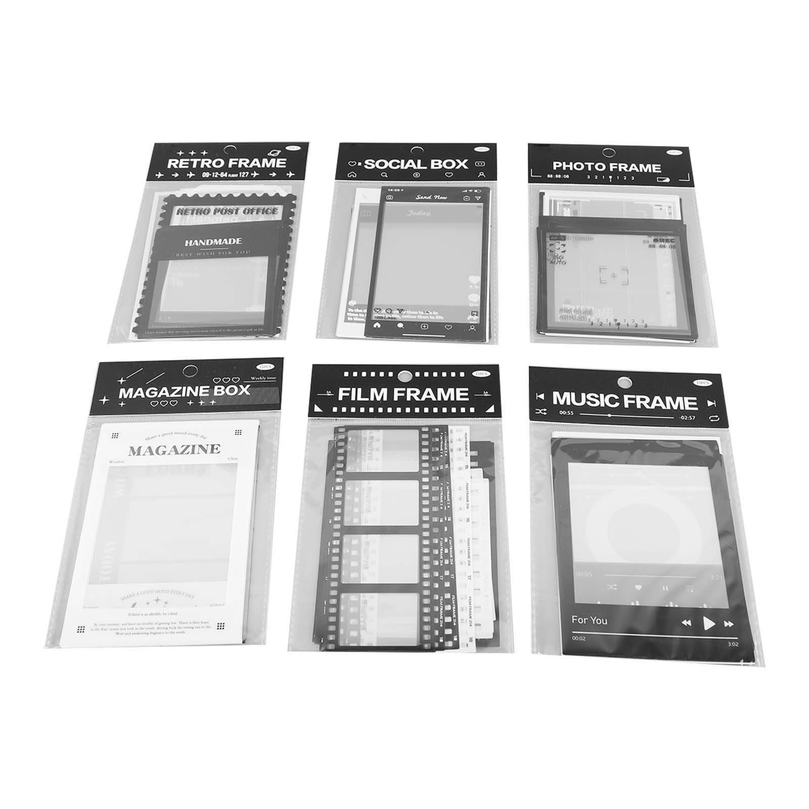 6 Packs Scrapbook Frames Set Ins Style Camera Film Sticker for Scrapbooking Ultra Clear PET Black White Photo Frame Stamp Sticker Scrapbook Supplies 90pcs