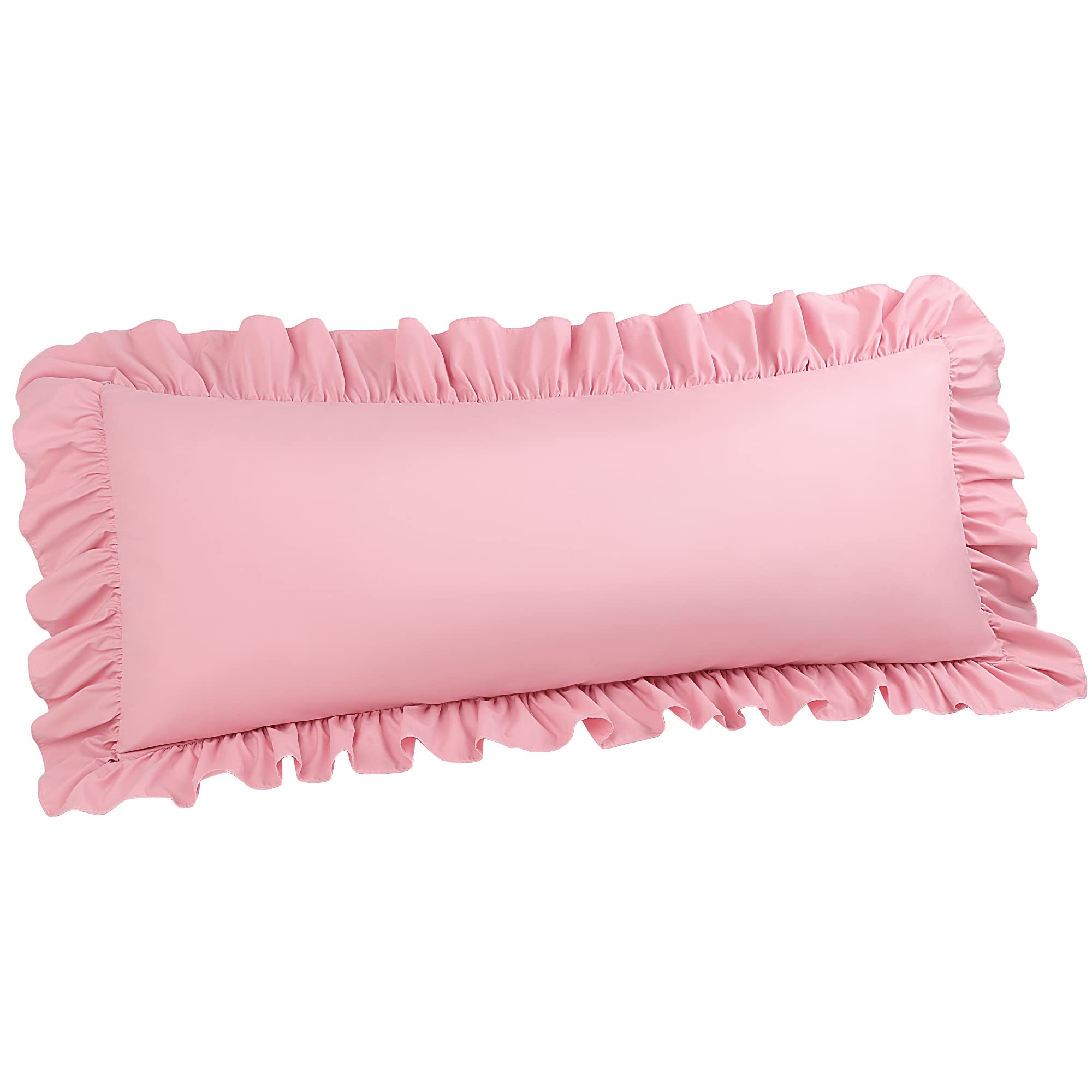 PiccoCasa Soft Microfiber Plain Bolster Pillowcase with Decorative Ruffle and Envelope Closure Full Body Pillow Case Cover Pink 20"x48" (4ft)