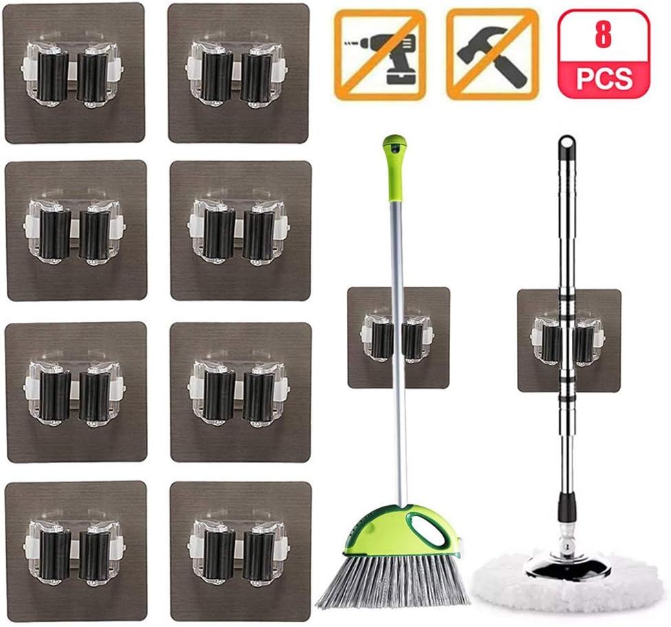 Mop Broom Holder, 8 Pack Heavy Duty Self Adhesive Mop Wall Mounted Garage Tool Storage Rack Organizer Hangers hook Broom Gripper Holds for Home Kitchen Bathroom Closet Office Garden, No Drilling