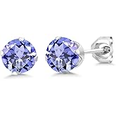 Gem Stone King 925 Sterling Silver Tanzanite Earrings | 1.00 Cttw | Round 5MM | Gemstone Birthstone Stud Earrings For Women Men