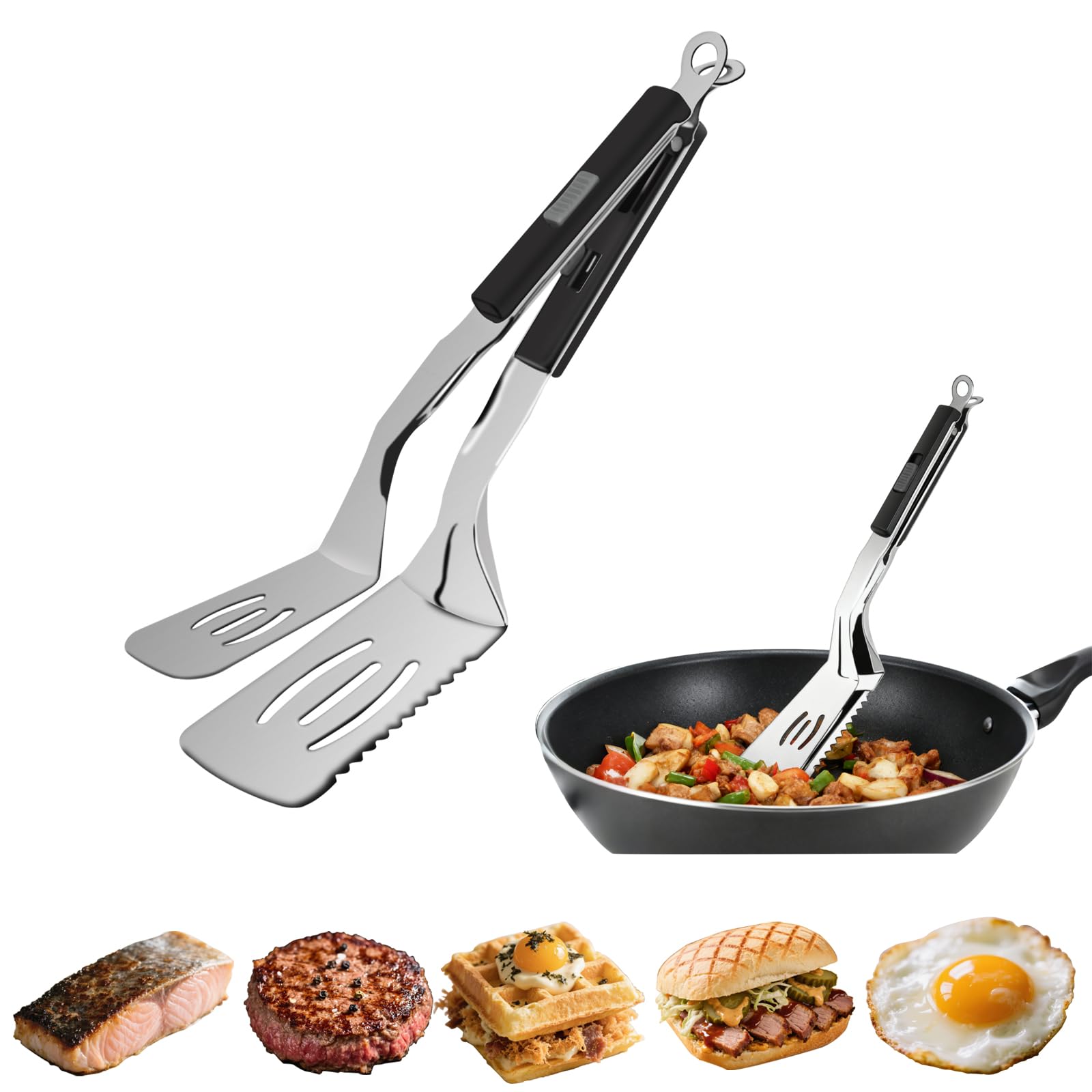 Photo 1 of 11.5-inch Stainless Steel Tongs for Cooking – Versatile Metal Spatula Tongs for Flipping, Picking Up, Cutting, and Stir-Frying Meats and Other Foods. Kitchen Tongs Durable and Multifunctional.(Black)