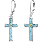 VONALA Cross Earring for Women 925 Sterling Silver Cross Mustard Seed Turquoise Dangle Earring Leverback Faith Jewelry Gifts for Her