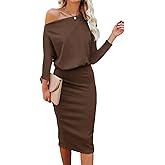 Ezbelle Women's Off The Shoulder 3/4 Sleeve Batwing HIPS-Wrap Pencil Party Sexy Bodycon Midi Dress Loose
