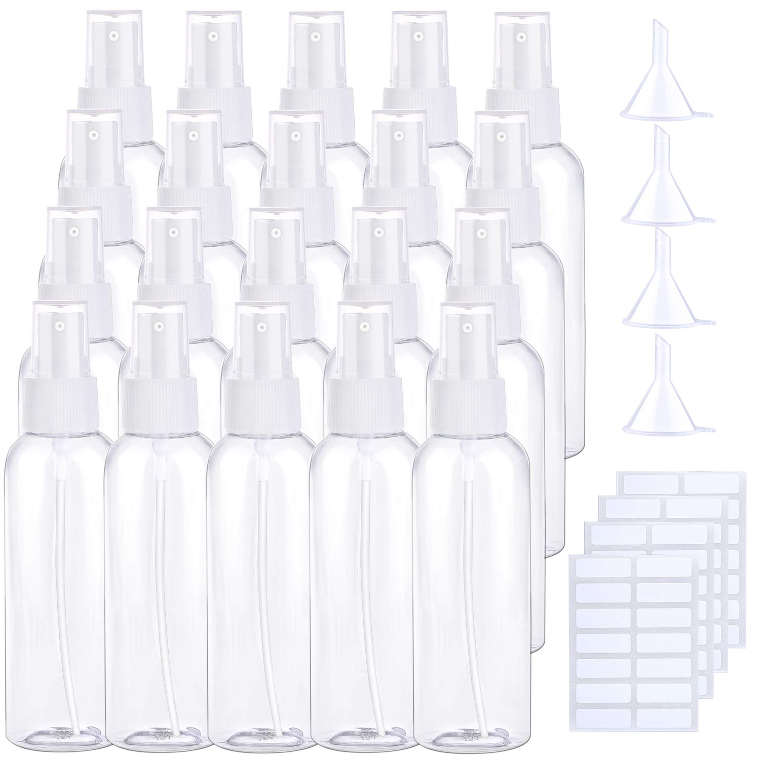ELCOHO 20 Pieces Clear Spray Bottles Plastic Fine Mist Spray Bottles Refillable Bottle with Funnels and Labels for Cleaning, Travel, 120 ml