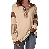 BLENCOT Women's Casual Striped Half Zip Up Drop Shoulder Sweatshirt Oversized Long Sleeve Pullover Tops with Pockets