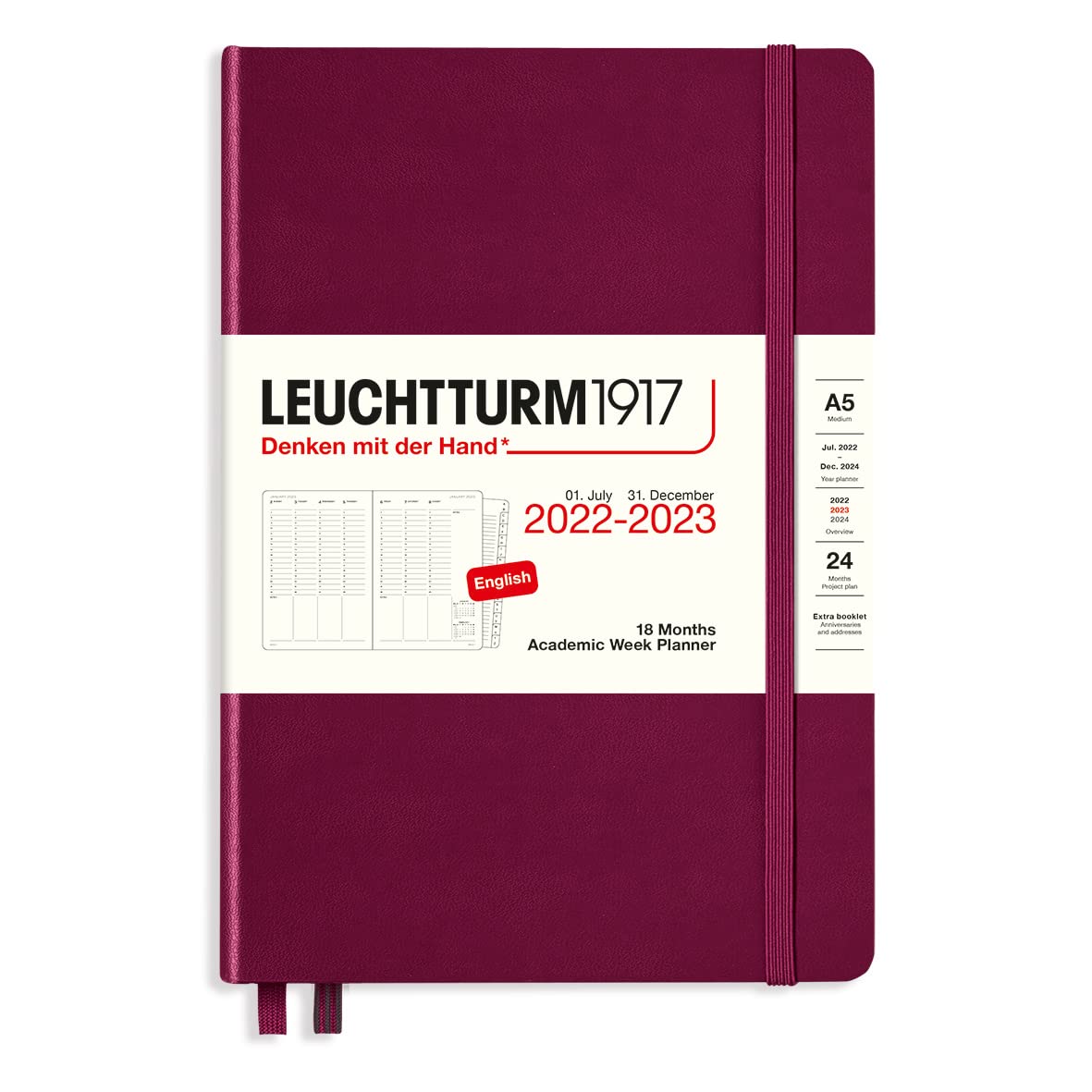 LEUCHTTURM1917 366027 Academic Weekly Planner Medium (A5) 2023, 18 Months, Port Red, English
