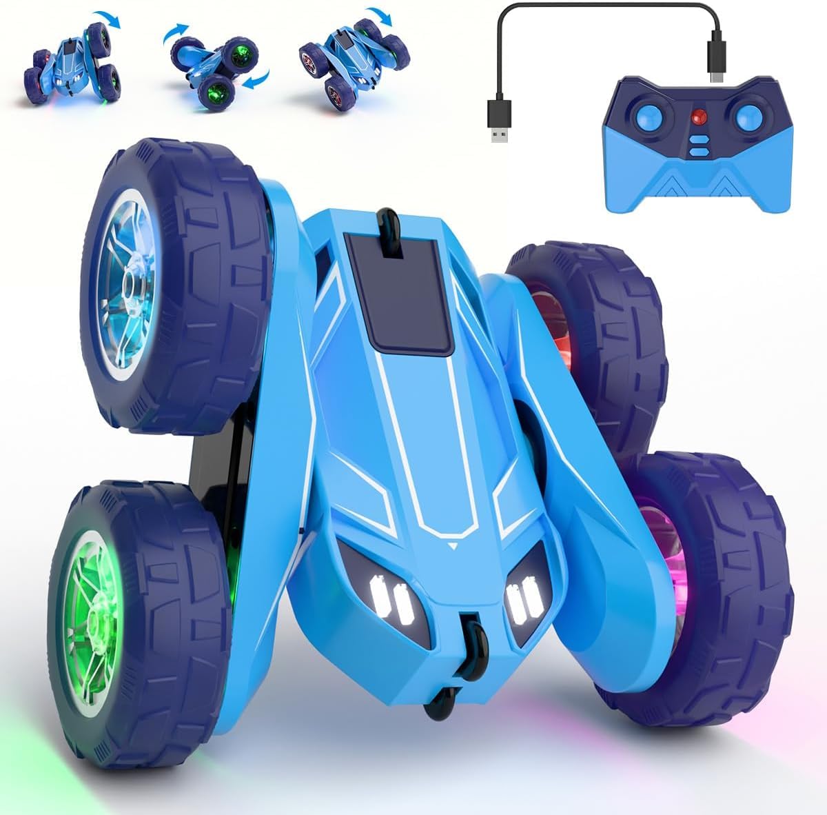 MaxTronic Remote Control Cars, Exclusive Dual Direct Charging with Adjustable LED. 360° Stunt Flip 15km/h 4WD All-Terrain RC Toy car, Holiday Tough Durable, Fun for Boys Girls Ages 3-12
