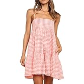 Wenrine Womens Summer Plaid Mini Dress Casual Spaghetti Strap Sleeveless A Line Beach Sundress with Pockets