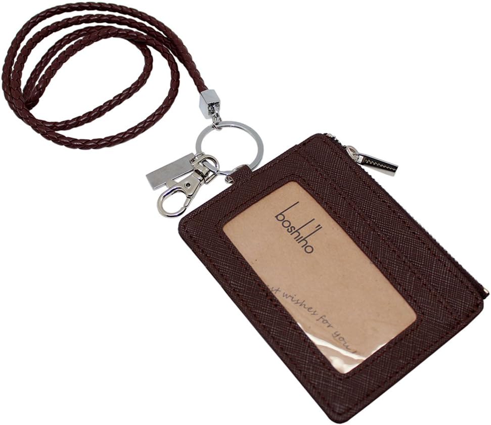 Leather ID Card Badge Holder: Boshiho Faux Leather Office Lanyard Card Holder with Neck Lanyard Strap 1 ID Clear Window Vertical Style (0148-Brown)