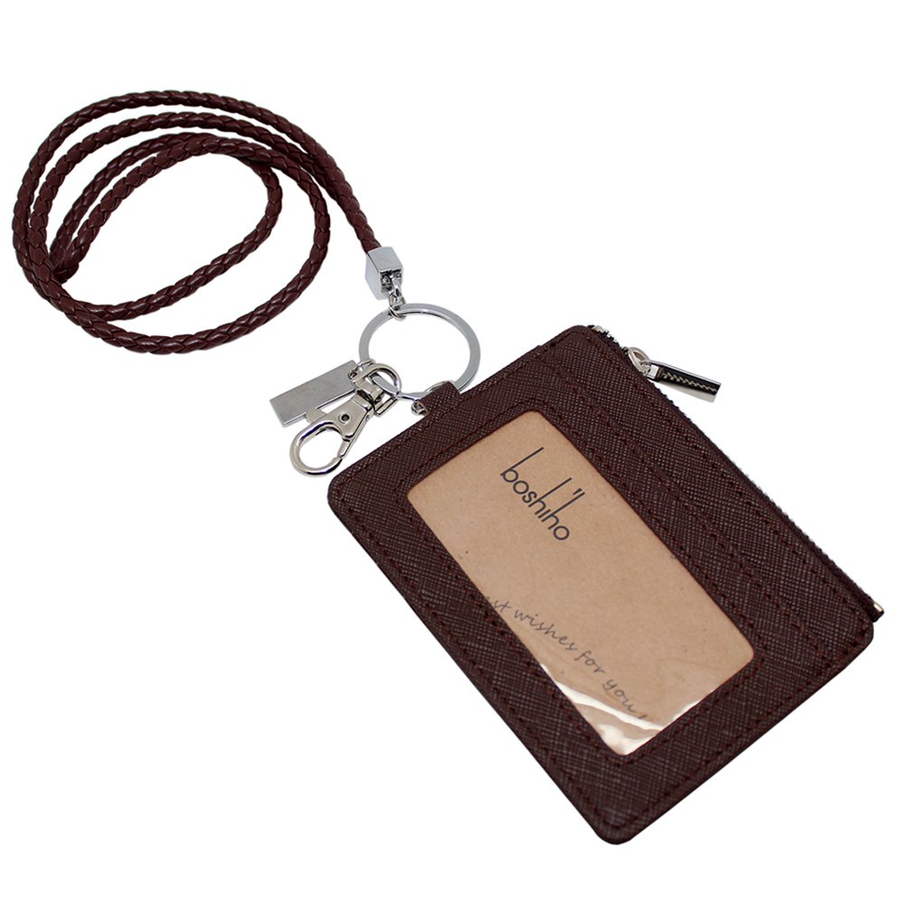 Leather ID Card Badge Holder: Boshiho Faux Leather Office Lanyard Card Holder with Neck Lanyard Strap 1 ID Clear Window Vertical Style (0148-Brown)