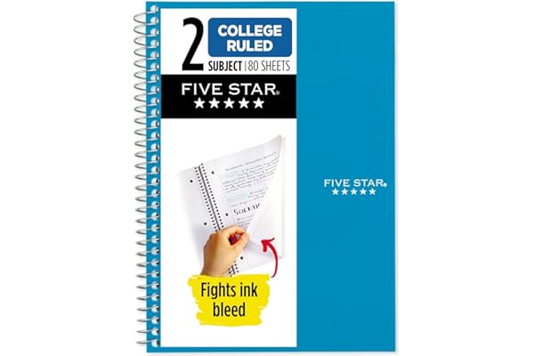 Five Star Spiral Notebook, 2 Subject, College Ruled, 9 1/2