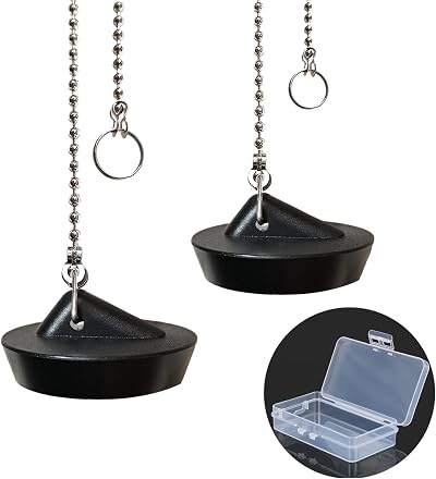 Tomario 2 Pack Silicone Sink Bath Plug 44mm with Stainless Chain Black 2x