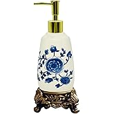 Vintage Ceramic Soap Dispenser - Blue Flower White Porcelain Lotion Dispenser,260ML Empty Bottle Liquid Soap Dish,Quick Press Pump Hand Soap Dispenser for Bathroom Kitchen (Base Bracket, 260 ML)