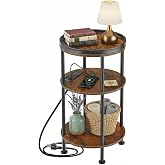 Small Round Side Table with Charging Station for Small Spaces, Rustic Brown | 3-Tier Round Accent Table with USB Ports &amp; Power Outlets, Corner Table Sofa End Table for Living Room Nightstand for Bedroom