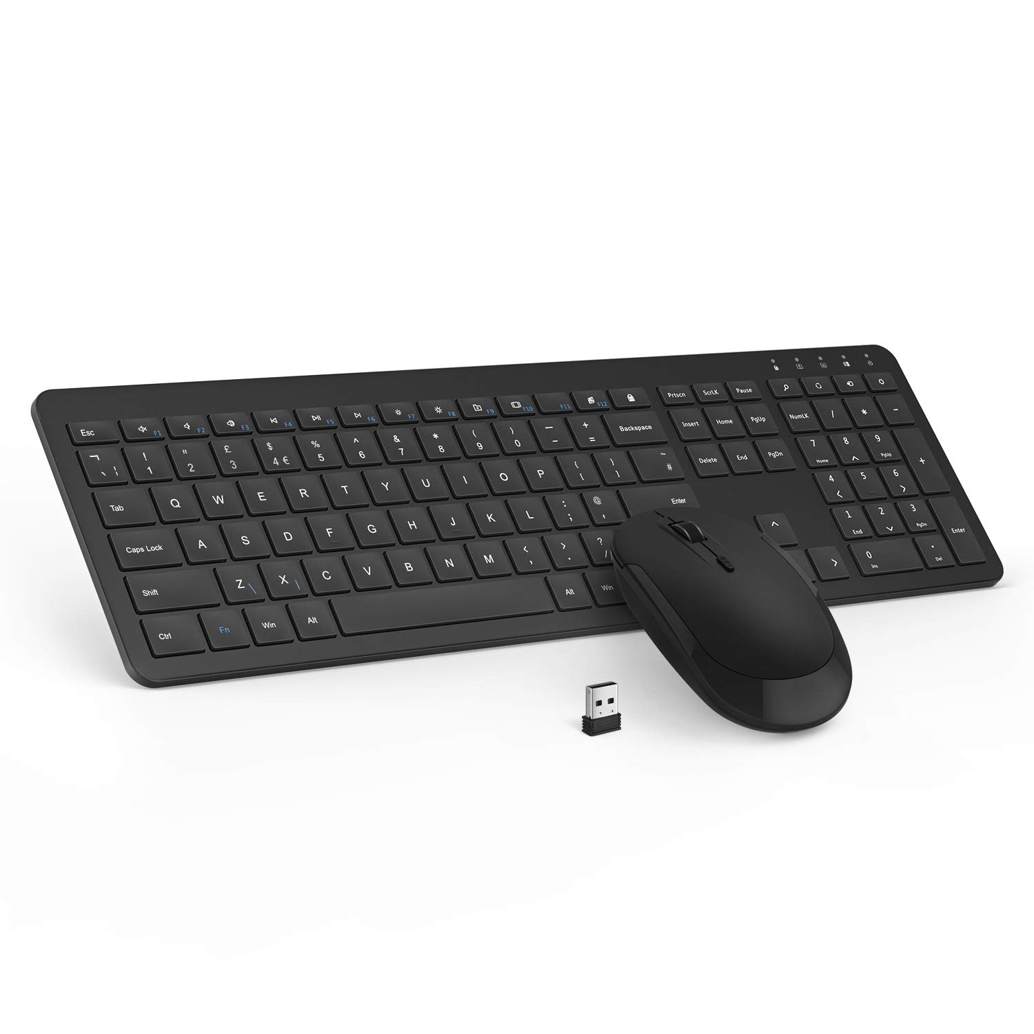 seenda Wireless Keyboard and Mouse Set, SK38 Ultra Slim Quiet USB Wireless Keyboard and Mouse Full Size QWERTY UK Layout with Numeric Keypad for Windows PC, Laptop, Computer, Black