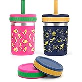 Sursip Toddler Sippy Cups with Straws and Lids, Spill Resistant Stainless Steel Kids Tumbler with Silicone Straws for Smoothie, Drinking, Snacks, BPA-Free, Dishwasher Safe - 10 oz (2 Packs)